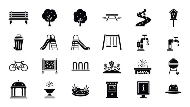 Collection of park and outdoor recreation glyph icons representing public space amenities and leisure activities for various graphic design applications