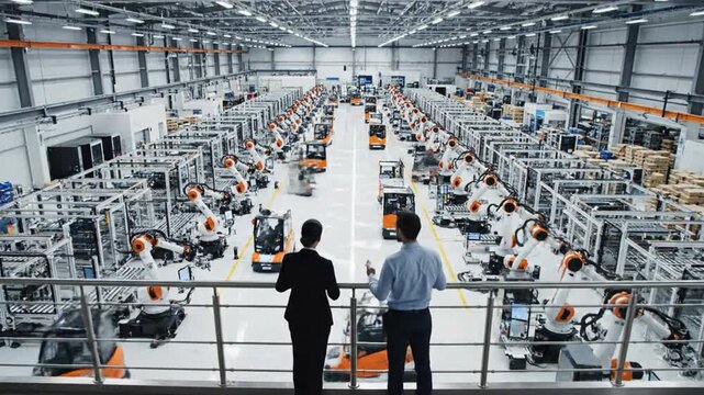 Industrial Insight: Two figures observe a bustling factory floor, their vantage point offering a comprehensive view of the automated assembly lines and the technological precision within.