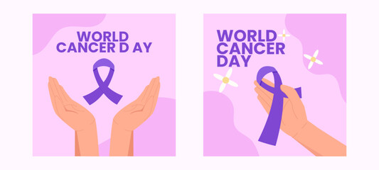 World Cancer Day Social Media Bundle Template with Purple Ribbon Awareness Illustrations
