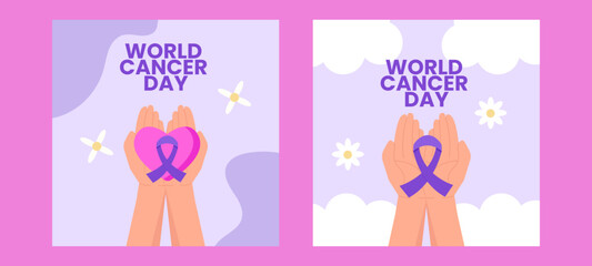 World Cancer Day Heart and Ribbon Template Bundle with Caring Hands Illustration