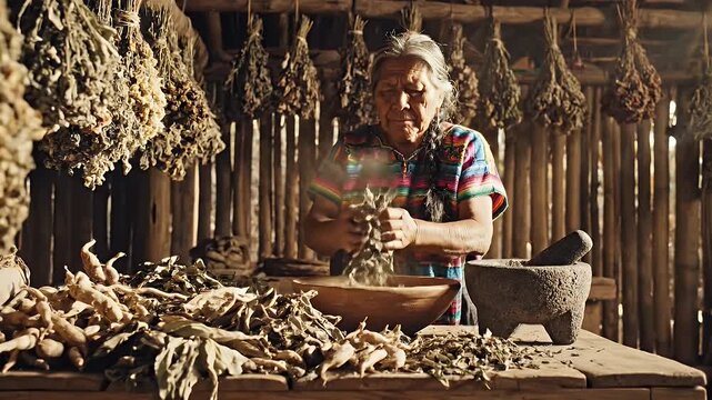 Woman Preparing Herbs in a Traditional Setting - A Cultural Insight.