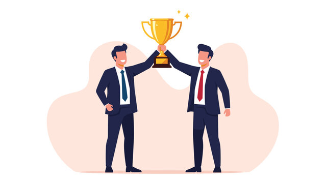 Two successful businessmen in suits holding a golden trophy together celebrating a team victory and achievement.