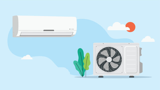 Indoor and outdoor air conditioning units displayed on a blue cloud background with a bright red sun showing cooling technology.