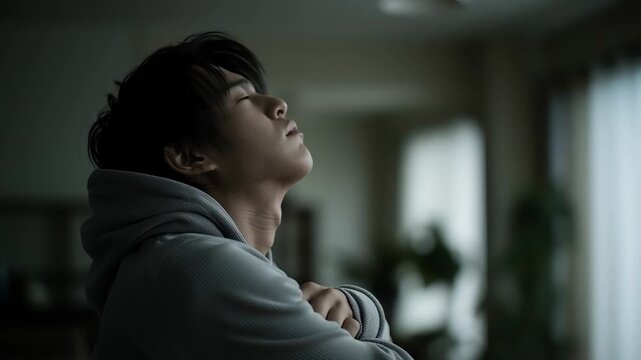 不安で胸を押さえる日本人男性