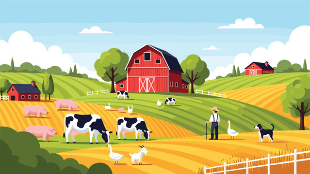 Peaceful farm landscape with a red barn, cows grazing, pigs, and rolling green and yellow hills under a bright blue sky with white clouds.