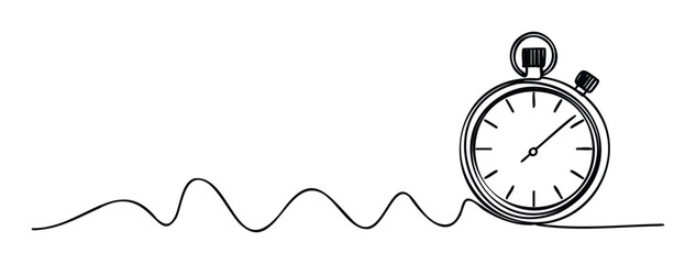 Continuous line drawing of a stopwatch with an undulating path symbolizing time progression, speed, and deadlines, perfect for business presentations and educational material.