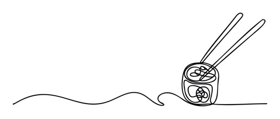 Abstract single line drawing depicting a delicious sushi meal complete with chopsticks, ideal for restaurant menus, food packaging, or Japanese cooking class flyers and promotional