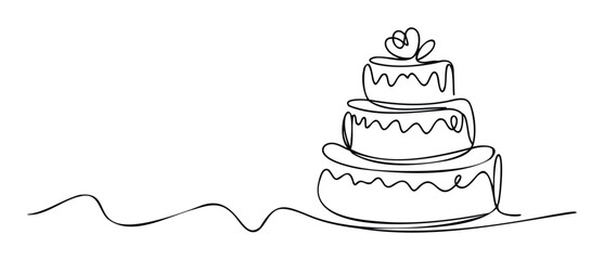Elegant threetiered celebration cake drawn in a continuous minimalist line style, perfect for wedding invitations, party decorations, or confectionery advertisements