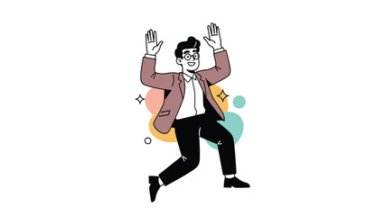 Fototapeta premium Happy young man in a jacket jumping for joy with his hands raised against a white background with colorful abstract decorative shapes.