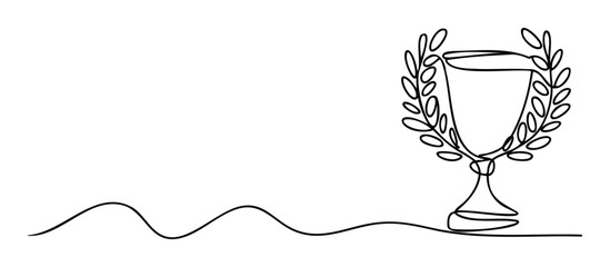Continuous line drawing of a winners trophy cup with a laurel wreath, symbolizing success and achievement, perfect for sports event awards and recognition certificates