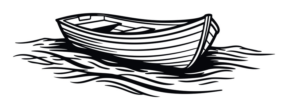 Simple black and white line drawing depicts a rustic wooden boat gently resting on calm water, suitable for nautical publications, minimal decor, or outdoor themed projects.