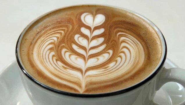 Close-up shot of a latte with intricate leaf and heart-shaped patterns on the surface.