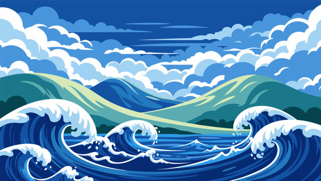 Vibrant vector illustration of ocean waves crashing against a scenic landscape with rolling hills and dramatic clouds
