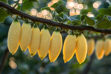 The scene of a bountiful harvest under the bitter gourd rack in summer