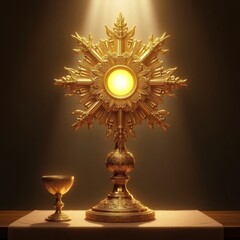 Intricate golden monstrance on table
