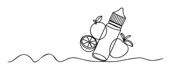 Continuous line drawing of a vape eliquid bottle with orange and strawberry fruit flavors, ideal for product promotion or packaging concepts in the vaping industry.