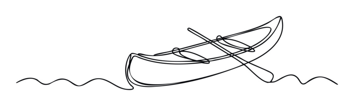 Minimalist continuous line drawing of a canoe with a paddle on gentle water waves, perfect for travel promotions, outdoor adventure websites, or nature themed projects.