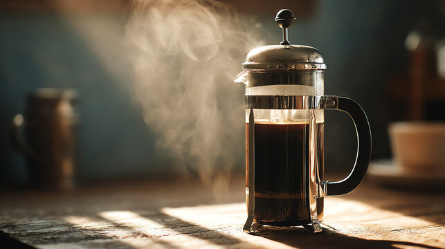 A steaming cup of freshly brewed coffee in a French press, perfect for cozy mornings and coffee lovers.