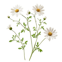 Fototapeta premium Detailed View of White Daisies with Yellow Centers and Green Stems Against Transparent Background