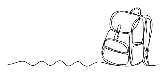 Minimalist continuous line drawing of a backpack, perfect for creating simple and modern graphics for travel agencies, educational institutions, or outdoor adventure promotions.