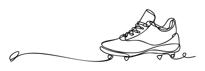 Dynamic continuous line drawing of a baseball or soccer cleat, perfect for athletic apparel branding, sports event promotions, or health and fitness marketing campaigns.