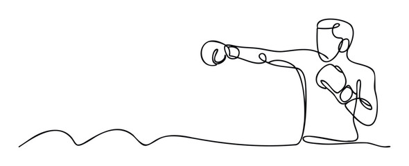 Dynamic continuous line drawing of a person wearing boxing gloves and throwing a powerful punch, ideal for sports marketing, fitness campaigns, and active athletic themed content.