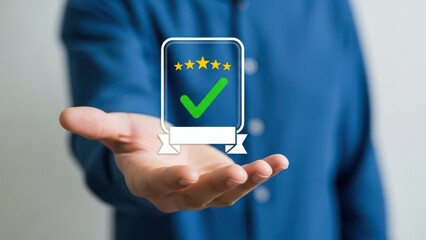 A person holding a digital icon representing quality assurance and customer satisfaction