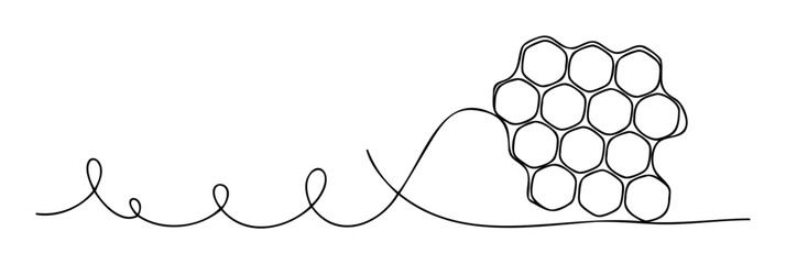 Minimalist linear graphic depicting a dynamic connection culminating in a cellular honeycomb formation, ideal for contemporary branding, scientific diagrams, or environmental awareness