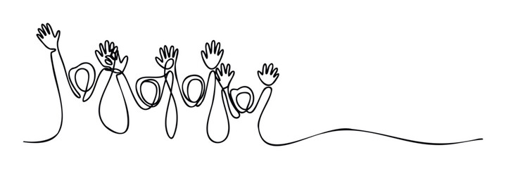 Minimalist one line artwork depicting multiple raised hands symbolizing unity, cooperation, and collective effort, ideal for modern graphic communication and organizational themes.