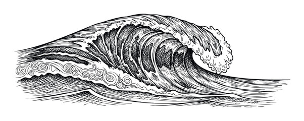 Powerful ocean wave with dynamic water crests and turbulent splashes rendered in a detailed hand drawn sketch style suitable for marine themed commercial graphics or sea adventure projects.