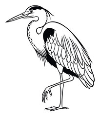 Obraz premium A stylized graphic representation of a graceful heron bird with elegant body and long legs, perfect for nature themed logos, minimalist wildlife prints, or educational materials about