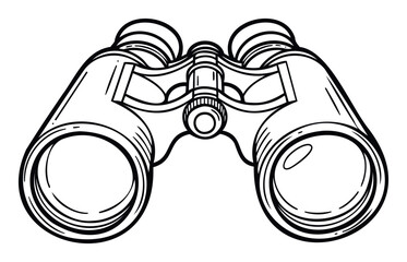 Detailed black and white line drawing of binoculars, perfect for educational materials, outdoor activity guides, and visionrelated visual communication projects.