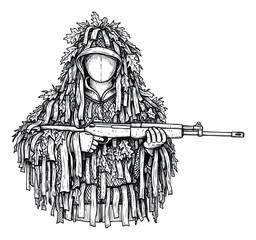 Naklejka premium Expertly crafted black and white depiction of a camouflaged hunter or military operative in a ghillie suit holding a rifle, perfect for outdoor, survival, or tactical themed media