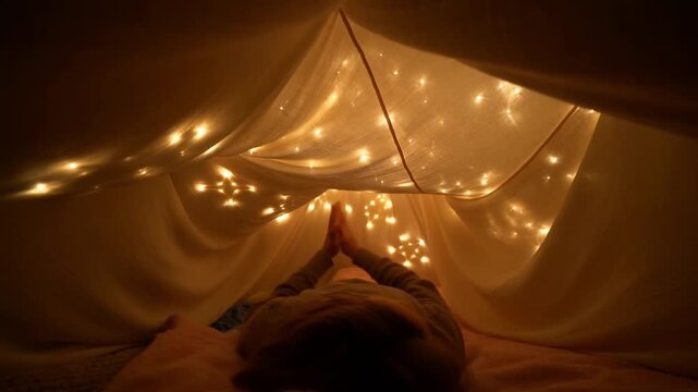 Pov lying down looking up at a fabric bed canopy with a warm fairy lights string attached, creating a starry pattern of light dots all around, concept of a magical personal canopy