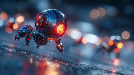 Futuristic Robotic Drone Flying with a glowing eye in focus 