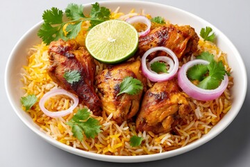 Fototapeta premium Chicken biryani with roasted chicken drumsticks and fresh lime