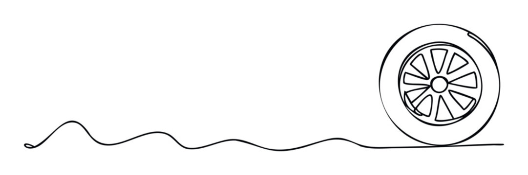 Dynamic one line drawing depicting a vehicle wheel evolving from a winding road, suitable for illustrating movement, journey concepts, or transportation industry promotions.
