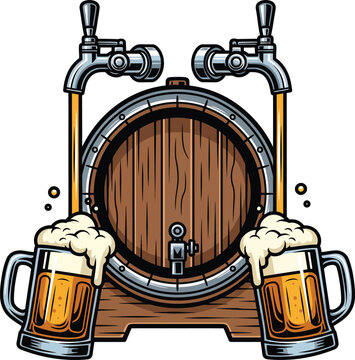 Vintage wooden beer barrel with dual taps pouring amber ale into two frothy glass mugs.