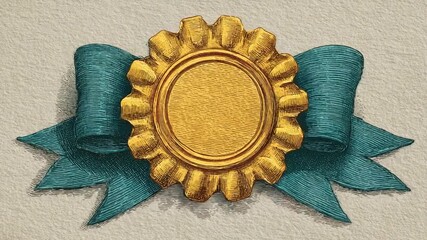 Vintage award ribbon with golden seal and teal ribbon