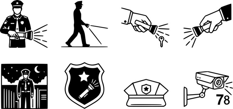 Nighttime Security Patrol Silhouette Guard Flashlight Night Watchman Security Rounds Black Vector Isolated White Background Night Shift Overnight Watchman Duty Professional