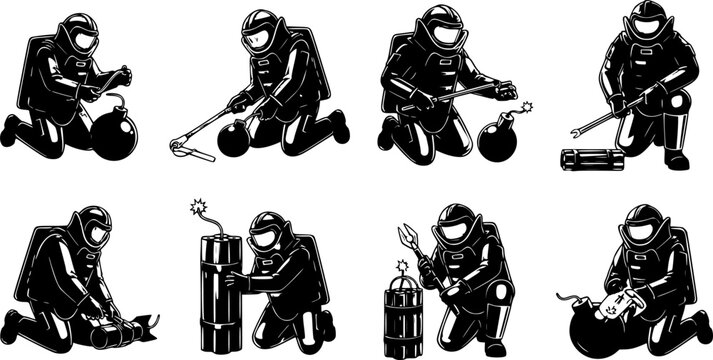 Bomb Disposal Expert Silhouette Defusing Explosive EOD Technician Dangerous Job Bomb Squad Black Vector Isolated White Background Professional Hero Military Hazardous
