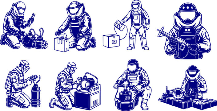 Bomb Disposal Expert Silhouette Defusing Explosive EOD Technician Dangerous Job Bomb Squad Black Vector Isolated White Background Professional Hero Military Hazardous
