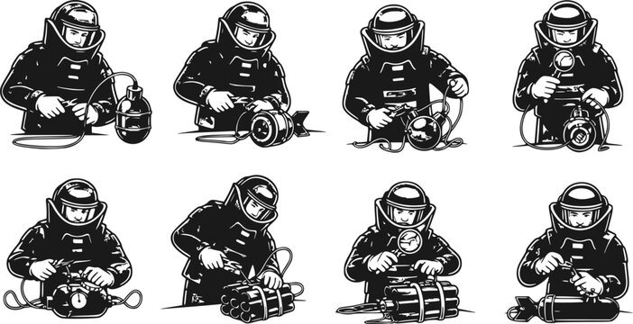 Bomb Disposal Expert Silhouette Defusing Explosive EOD Technician Dangerous Job Bomb Squad Black Vector Isolated White Background Professional Hero Military Hazardous