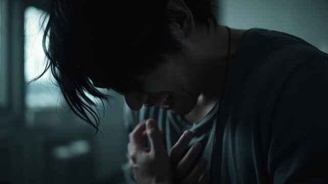 不安で胸を押さえる日本人男性