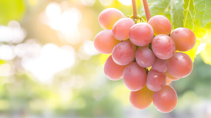 Bunch of grapes hanging from vine with soft glow in background, showcasing their vibrant colors and freshness