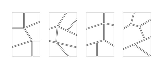 Comic book panel frame collection. Pop art template grid page set. Picture mood board ideas. Story board design pack for photo, poster, manga mockup. Empty image collage moodboard layout pack. Vector