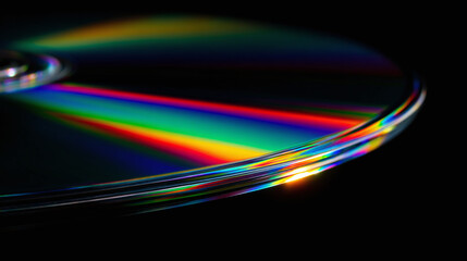 A close-up shot of a CD with iridescent light reflecting on it. The light creates a spectrum of colors