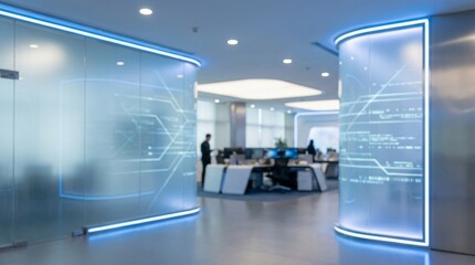 Futuristic office interior with neon lights and holographic displays, featuring quantum computing concepts and advanced technology