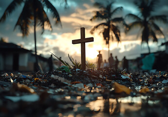 Serene wooden cross stands amidst debris, symbolizing hope and remembrance against stunning sunset backdrop