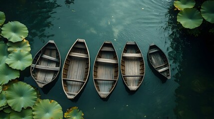 Small boats paddling on the lake in summer